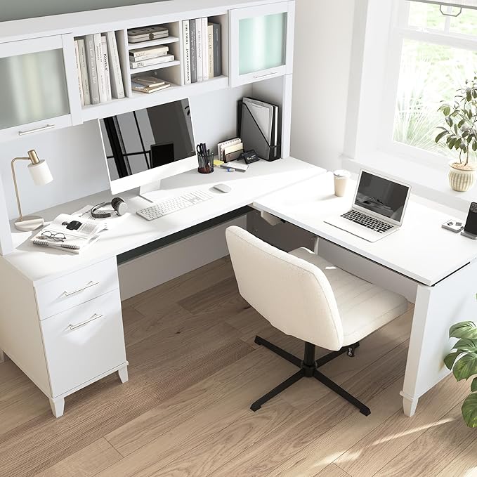 Bush Furniture Somerset 72W 3 Position Sit to Stand L Shaped Desk with Hutch in White | Adjustable Height Table for Home Office
