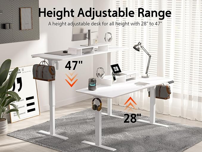 WALKINGDESK 63x24 Inches Electric Standing Desk with Drawer and Monitor Stand, Height Adjustable Sit to Stand up Desk for Home Office, Ergonomic Computer Table with Phone Holder, 3 Hooks, White