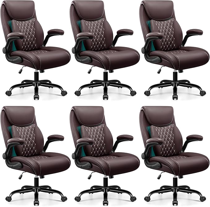 BESTFAIR Office Chair, Ergonomic Computer Desk Chairs with Lumbar Support for Lower Back Pain Relief, Executive Leather Home Chair Comfy with Padded Flip-up Armrests, Coffee, 6-Pack