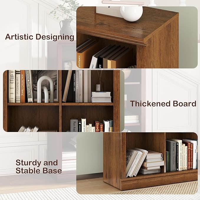 Bevfint 6 Cube Storage Organizer Bookcase - 3 Tiers 6 Storage Cube Adjustable Space Book Case, Display Cabinet Organizer, 30 inch Width Horizontal Bookshelf for Home Library Office, Vintage Oak