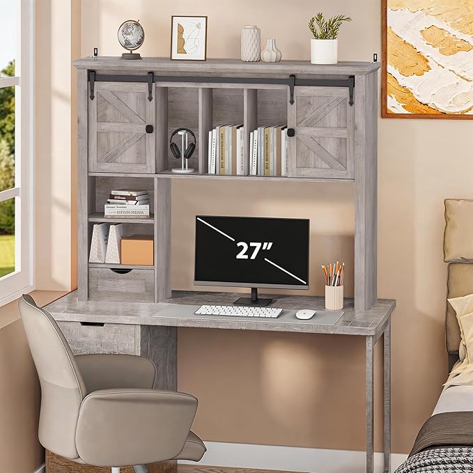 Large Desktop Bookshelf with Sliding Barn Door, 47.2''W Desk Shelf Display Rack, Desktop Organizer Storage Rack with 7 Cubbies and Drawer, Home, Desk Shelf for Office, Dorm, Vanity, Grey