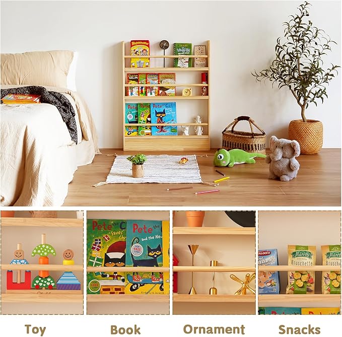 Baveke Kids Bookshelf, 5 Tier Shelves Behind The Door Book Shelf Storage, Children's Solid Wood Bookcase Space- Saving, Wall Mount Bookshelf for Bedroom, Living Room, Office（FSC-Certified Wood）