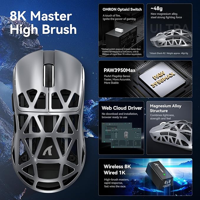 ZIYOU LANG x Attack Shark R2 Superlight Wireless Gaming Mouse,Magnesium Alloy, PixArt PAW3950 Sensor,Adjustable 42K DPI,8K Hz Polling Rate,5 Programmable Button,Long Battery Life,PC/Mac/Xbox/PS-Grey