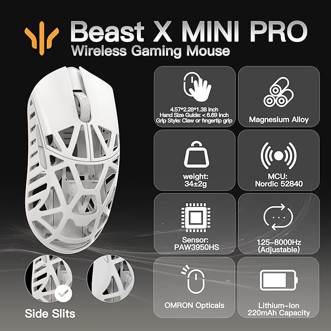 WLMOUSE Beast X Mini Pro Ultra-Light 34g Magnesium Gaming Mouse, PAW3950 HS Sensor, 8K Polling Rate, 30000 DPI,OM & TTC Switches, Customizable Side Panels.(Milky White(OM Switch-Side Slits))