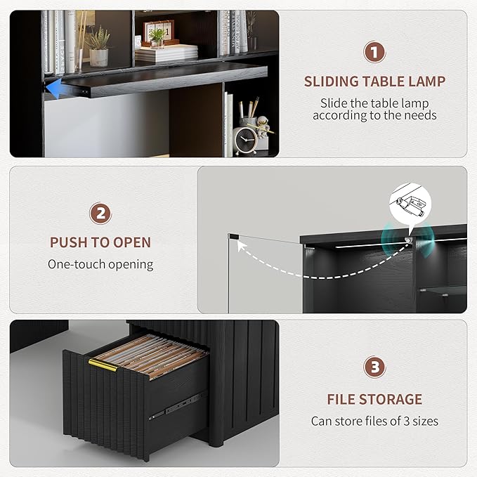 Lvifur LED Study Desk - with Hutch & Storage Cabinet, 47" Computer Desks with Outlet and 3 Color LED, Writing Desk, Home Office Desk for Studyroom, Ideal for Office Set, Black