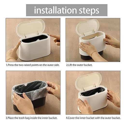 XZZWLL Mini Trash Can for Desk, Tiny Plastic Countertop Garbage Can with Lid, Easy to use and Keep Desktop Clean for Vanity, Bedside, Bathroom and Kitchen with 3 Rolls Trash Bags