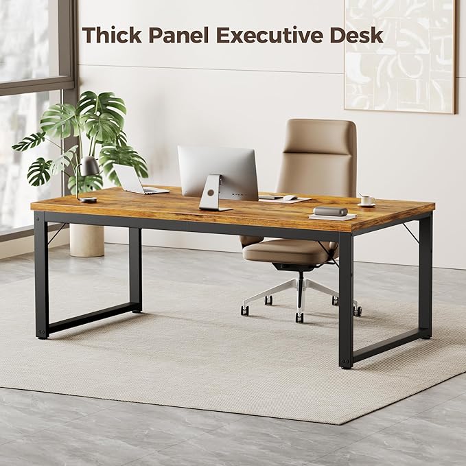 Mericonia 48 Inch Computer Desk, 1" Thick Heavy Duty Industrial Office Desk, Modern Simple Study Writing Table for Home Office Bedroom Workstation, Brown