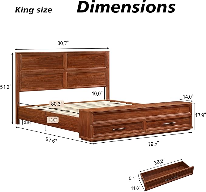 King Size Bed with 3D Geometric Headboard & Storage Bench - 4-Drawer Storage, Modern Bedroom Furniture, Walnut. The 3D geometric grid pattern on the headboard exudes modern charm, blending refinemen