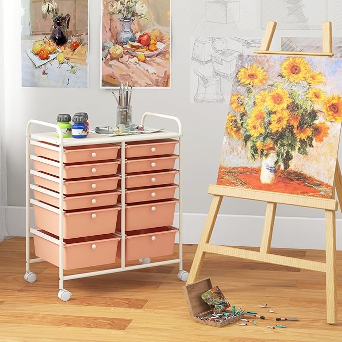 Moccha 12-Drawer Rolling Storage Cart - Utility Cart on Wheels with Lockable Casters for Craft Art Supply Paper Salon, Mobile Drawer Carts for Classroom Teacher School Office (Peach)