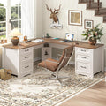 Vabches Wood L Shaped Executive Desk with 6 Drawers, Farmhouse Home Office Desk with Power Outlets and Triangle Under-Desk Storage Shelf & Drawer File Cabinet, Corner Computer Desk, Brown