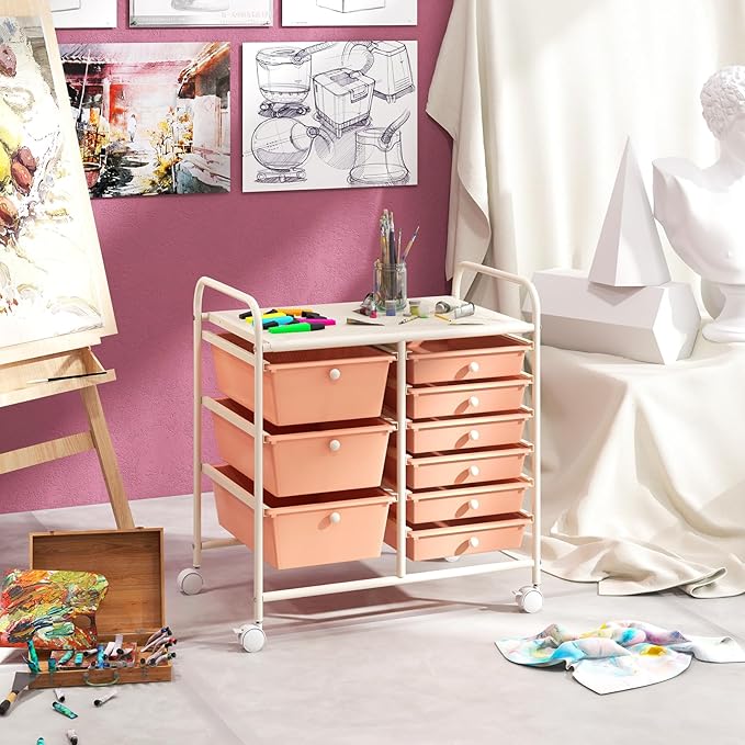 Moccha 9-Drawer Rolling Storage Cart - Under Desk Storage Drawers with wheels for Craft Art Supply Paper Salon, Scrapbook Paper Tools, Mobile Utility Cart for Classroom, Peach