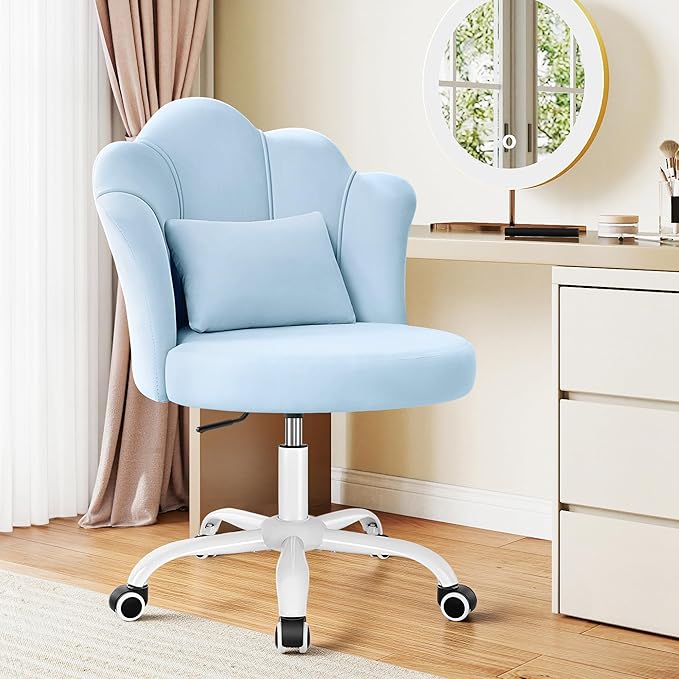 BestGlory Petal Vanity Chair with Wheels, 3.15" Extra Thick Comfy Makeup Chair, Adjustable Modern Swivel Armless Desk Chair for Girls Women, Aesthetic Small Office Chair for Bedroom Dorm