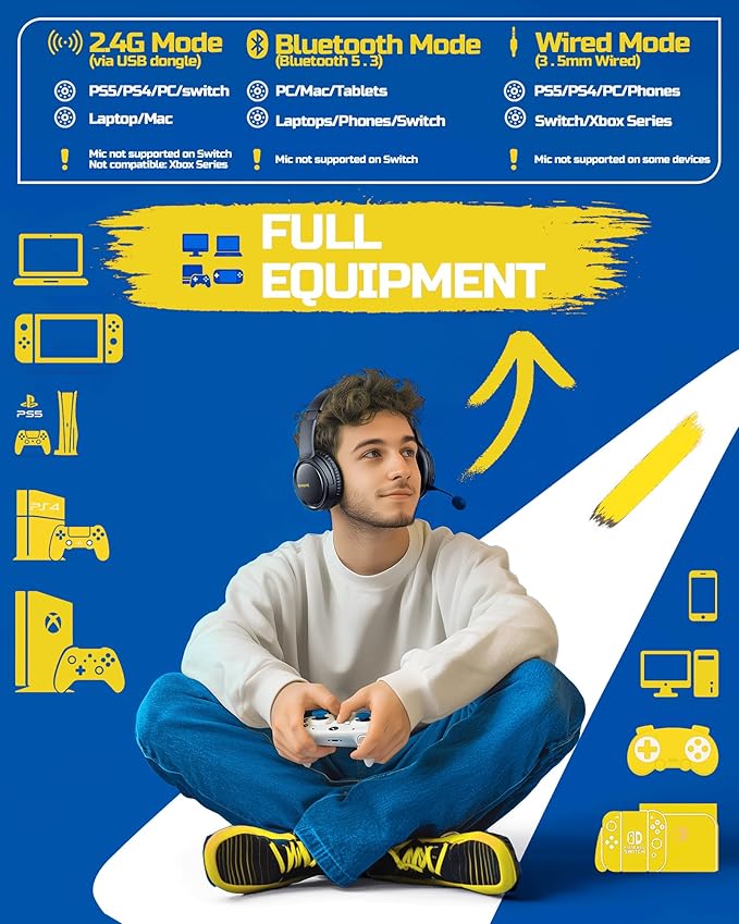 BINNUNE Wireless Gaming Headset — 2.4GHz Low-Latency USB Dongle + Bluetooth, 50mm Drivers 7.1 Surround, Noise-Cancelling Mic, 40H Battery — Over Ear Wireless Headphones for PS5, PC, Laptop, Yellow