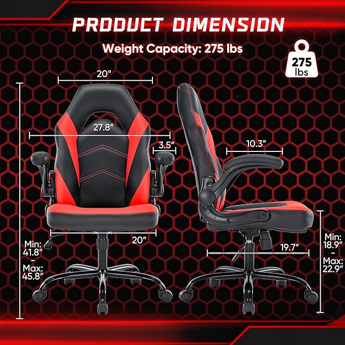 DUMOS Ergonomic Computer Gaming Chair with Flip-up Armrest, Height Adjustable PU Leather Home Office Desk Chair with Lumbar Support Swivel Wheels and for Adults and Kids, Scarlet Red