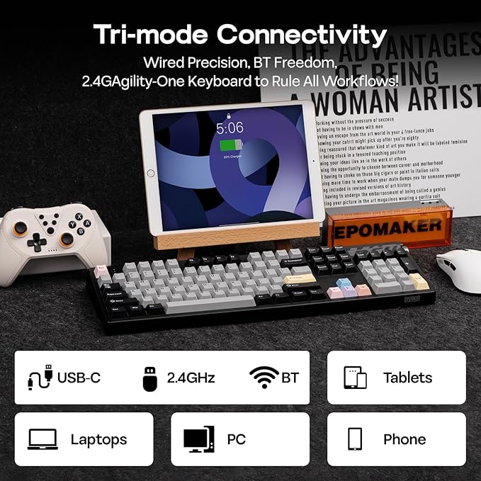 EPOMAKER TH108 PRO Full Size Mechanical Keyboard with Screen & Knob, Wireless Gaming Keyboard with 10000mAh, Creamy Gasket, Hot Swap, Custom Driver, RGB Backlight (Black, Sea Salt Silent)