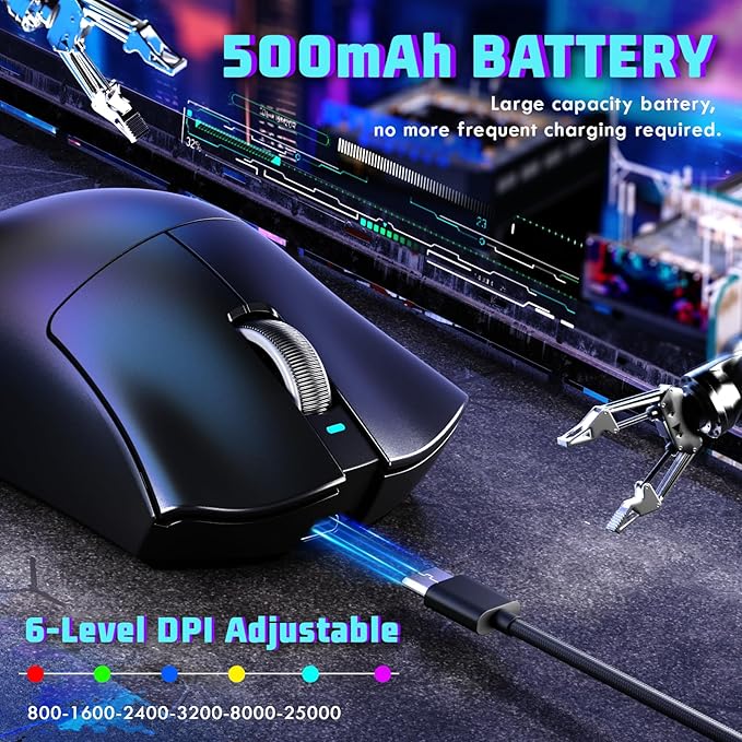MAMBASNAKE ATTACKSHARK V3 Wireless Gaming Mouse,Adjustable 25K DPI PAW3311 Optical Sensor,Ergonomic 62g Lightweight 5 Programmable Buttons 500mAH Battery,2.4G/BT/USB-C Wired for PC/Mac-Black