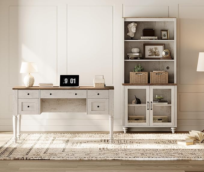 WAMPAT Home Office Furniture Set, 56" Executive Desk with Charging Station, 72" Tall Bookcase with 2 Glass Doors, Wood Computer Desk with File Cabinet Storage, Open Shelf, Rustic White