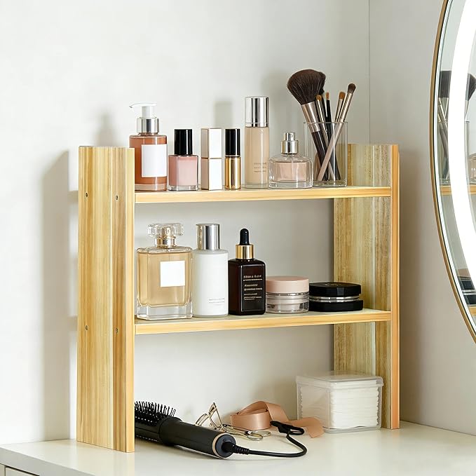 Small Desk Organizer Shelf - 2 Tier Desk Top Organizer for Desktop Storage, Wooden Office Shelves, Sturdy Desktop Bookshelf Organizers for Dorm, Cubicle, Easy to Assemble