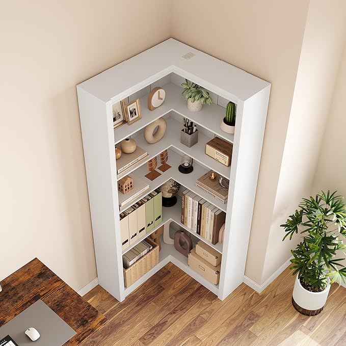 GarveeHome Corner Bookshelf, 71.8 in White Corner Bookcase, L-Shaped Bookshelf Large Bookcase, 5 Tier Display Shelf Heavy Duty Bookcases, Bookshelves with Storage