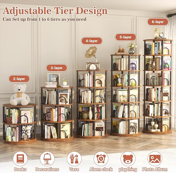 Aheaplus 6 Tier Rotating Bookshelf Tower, Revolving Bookcase, 360° Round Spinning Book Shelf, Narrow Swivel Bookshelves Vertical Turning Corner Bookshelf Organizer for Small Space, Rustic Brown
