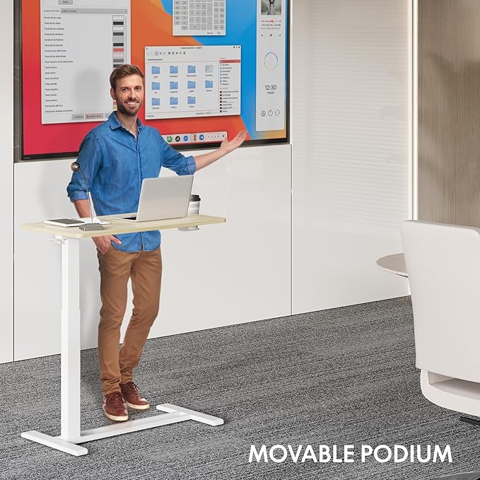 FLEXISPOT H7 Adjustable Overbed Bedside Table with Wheels Pneumatic Mobile Standing Desk Laptop Desk Rolling Computer Cart Movable Overbed Table Hospital Home Use(31.5" W x 17.7" D, White Wood Grain)