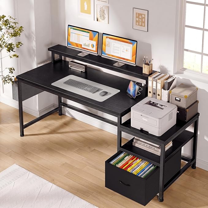 EnHomee 57" Black Computer Desk with File Drawers and Printer Space,Office Desk with Power Outlets and Monitor Stand,Gaming Desk,Study Desk, Writing Desk, Bedroom Desk