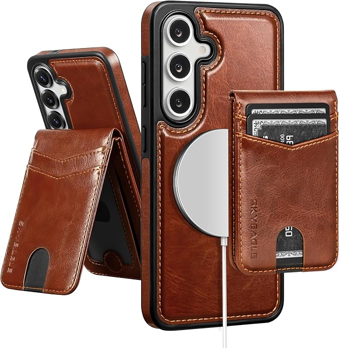 SkyEagle Compatible with Magsafe 2 in 1 Detachable Samsung Galaxy S25 Plus Wallet Case with Card Holder,Women Men Magnetic PU Leather RFID Blocking Flip Folio Kickstand Credit Slots,Brown