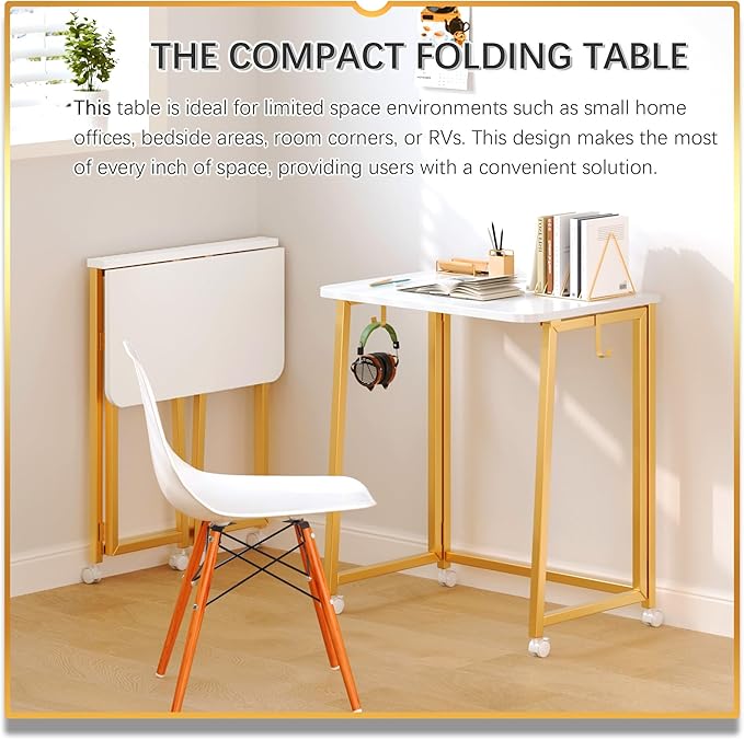 4NM 23.6" Mobile Small Folding Desk, Foldable Rolling Computer Home Office Desk, Study Writing Table for Small Space Saving Bedroom, with Wheels - White and Gold