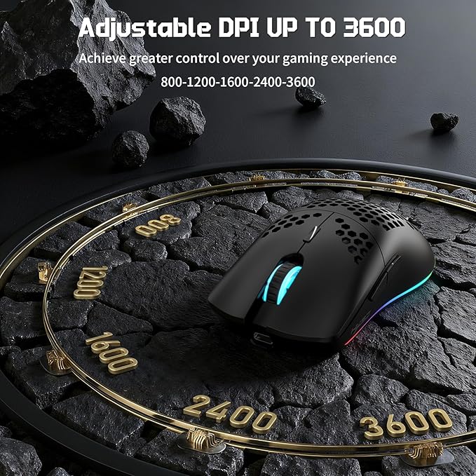 FREEWOLF X HXSJ T66 Wireless Gaming Mouse Tri-Mode Superlight Honeycomb Design PAW3212 3600DPI Sensor 1000Hz Polling Rate Bluetooth/2.4Ghz/Wired Ergonomic PC Mice RGB Light Programmable Buttons-Black
