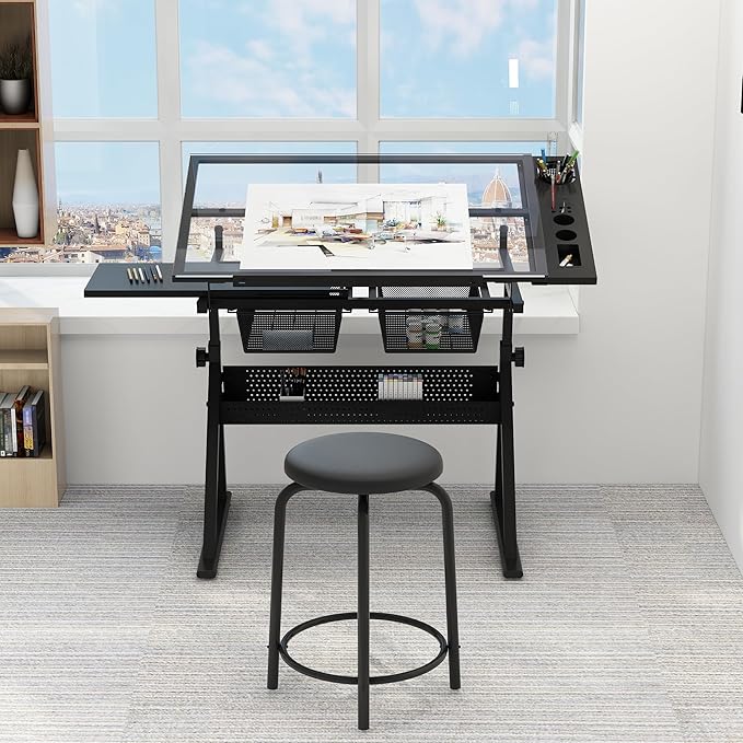 Garvee Drafting Table w/Stool, Height Adjustable Drawing Table, Multifunctional Art Craft Paintings Work Station w/2 Storage Drawers, 0-75° Tilting Glass Tabletop for Home Office, Black