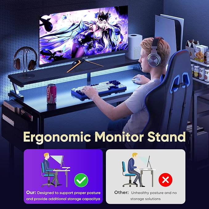 DUMOS Gaming Desk, Computer Desk with USB Charging Ports, Power Outlets, Type-C and LED Lights, Reversible L Shaped Desk with Storage Shelves & Monitor Stand for Office Gaming Room Black 48IN