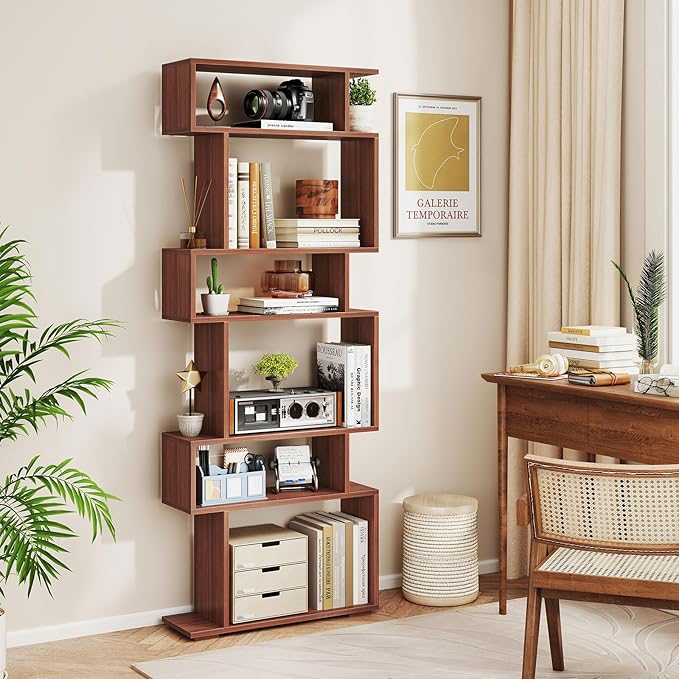 Giantex 6-Tier Geometric Bookshelf, S-Shaped Bookcase with 2 Anti-Tipping Kits, Wooden Display Shelf, Decorative Storage Shelving Unit, Home Storage Organizer for Office Living Room (1, Walnut)