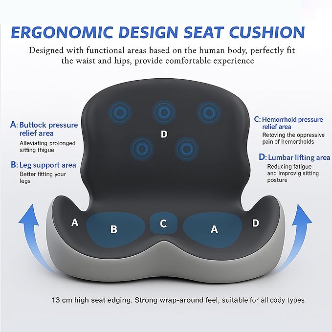 Premium Ergonomic Seat Cushion Set with Back Support, Non-Slip Base for Office Chair, Memory Foam Lumbar Pillow, Back Pain Relief, Car Seat (Light and Dark Gray)