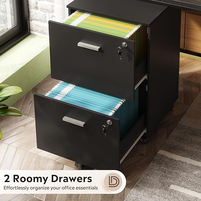 DEVAISE 2 Drawer File Cabinet, Mobile Printer Stand, Wood Filing-Cabinet fits A4 or Letter Size for Home Office, Black