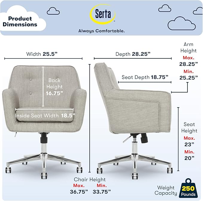 Serta Ashland Home Office Desk Chair with Button Tufted Mid-Back, Memory Foam Cushion and Padded Arms, Mid Century Modern Vanity Armchair with Wheels for Bedroom, Chrome Metal Base, Light Gray