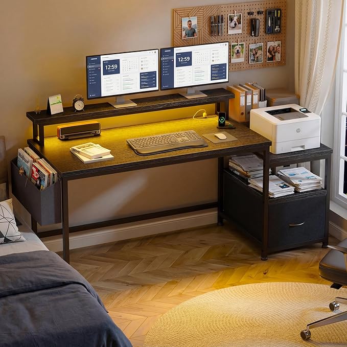 EnHomee 57" Black Computer Desk with File Drawers and Printer Space,Office Desk with Power Outlets and Monitor Stand,Gaming Desk,Study Desk, Writing Desk, Bedroom Desk