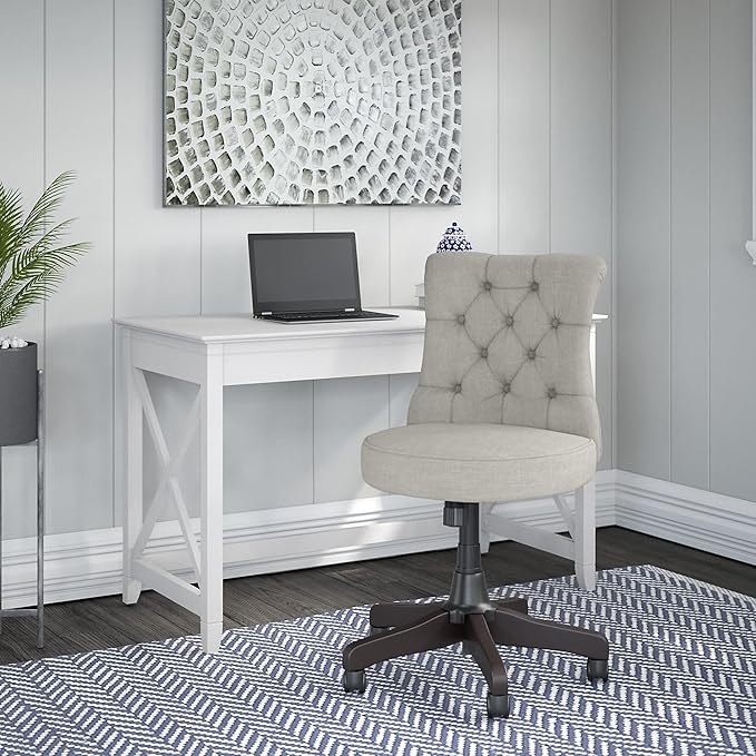 Bush Home Key West 48W Writing Desk with Mid Back Tufted Office Chair in Pure White Oak