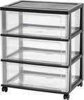 IRIS USA Plastic Drawer Storage Organizer Rolling Cart, with Wheels Casters, 3-Drawers, for Art Craft Supplies Bathroom Dorm Bedroom Laundry Room, Wide, Black