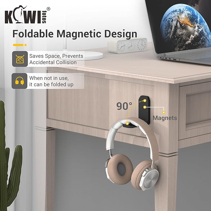 KIWIFOTOS Adhesive Desk Headphone Hanger, Foldable PC Gaming Headset Holder Stand, Adhesive Holder Mount for Wall, Headphones Hook Mount Under Desk - Black