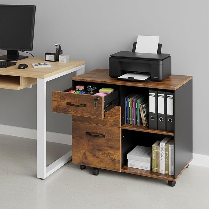 Relaxdays Mobile Filing Cabinet with 3 Drawers, 2 Shelves, Lockable, 4 Wheels, Office Storage, Brown/Black, 66x80x40 cm