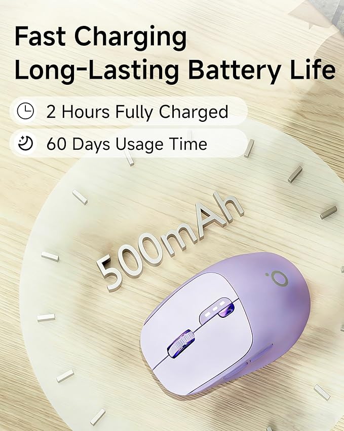 EWEADN Q5 Wireless Mouse, Bluetooth & 2.4G Quiet Computer Mouses with Battery Level Display, 1600 DPI, Ergonomic Office Mouse, 6 Button Portable Cute Computer Mouse for Laptop/PC/Mac - Purple
