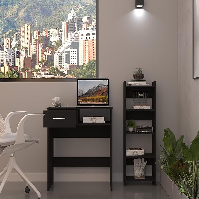 Kaimei Treia Compact Home Office Set, Desk with Drawer & 5-Shelf Bookcase