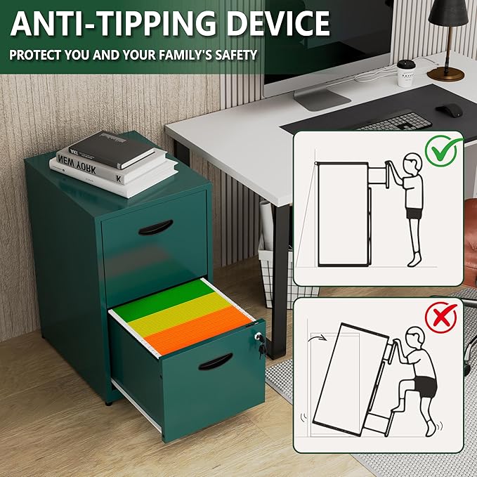 Polup 2 Drawer File Cabinet with Lock, Office File Cabinet with Drawers for Under Desk, Small Filling Cabinet for Home Office, Green, Assembly Required