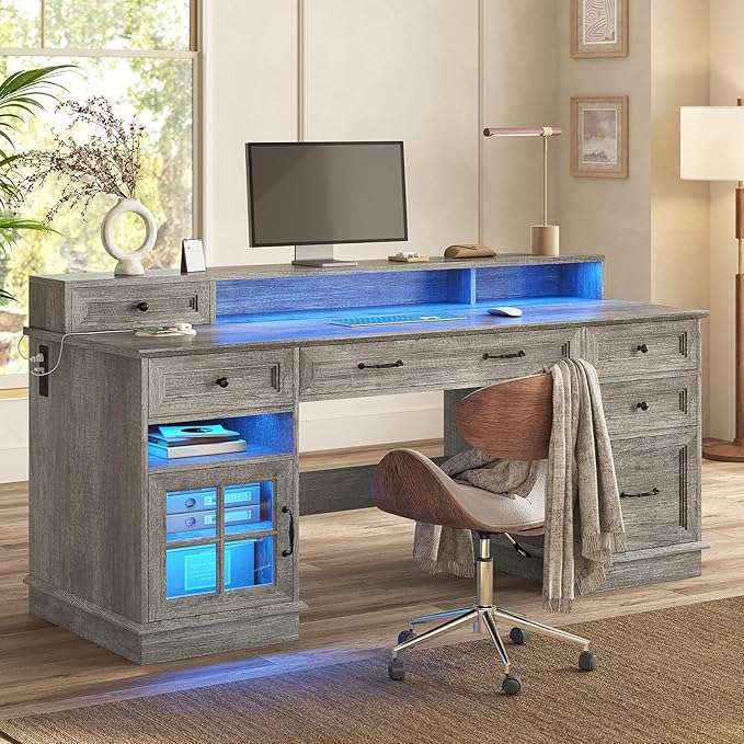 HAUOMS Farmhouse Executive Desk with Drawers Computer Desk with File Drawers, Power Outlet and Led Lights, Executive Office Desk with Storage Cabinet and Monitor Shelf for Home Office, Grey