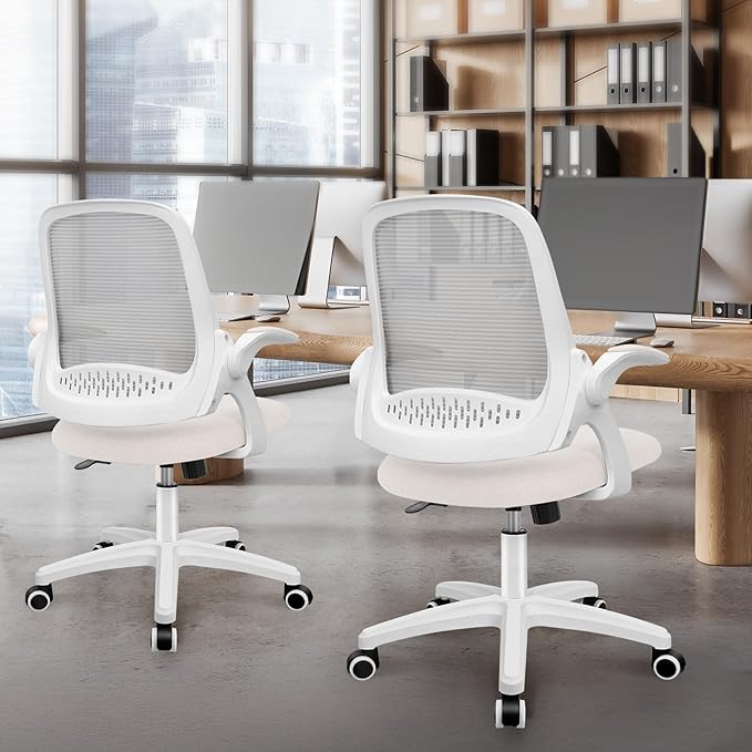 NEO Chair Office Desk Gaming Ergonomic Computer Chair with Lumbar Back Support Adjustable Height Swivel Rolling Wheels Flip-up Arms Mesh Chair for Home Vanity (Ivory)
