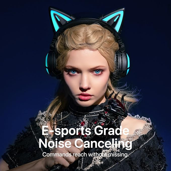 YOWU Cat Ear Headphones, Cute Cat Ear Gaming Headsets with Bluetooth 5.2 for PC/PE/Switch/PS4/PS5, Built-in Mic & Customizable RGB Light Effect for Anime Lovers(CE Black)