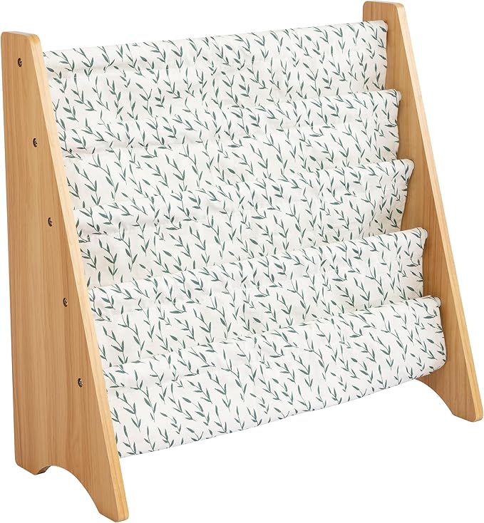 Humble Crew 4-Tier Kids Bookshelf, Natural/White/Green - Premium Book Shelf for Kids Rooms with Four Deep Pockets - Toddler Sling Book Rack with Deep Sleeves, Nursery Bookcase Organizer