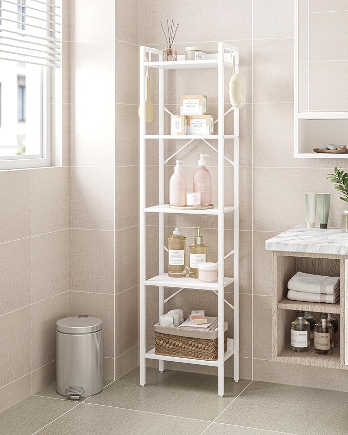 Hzuaneri Bookshelf, Book Shelf, Industrial Bookcase with 2 Hooks, Coner Shelf Storage Organizer for Home Office, Living Room, Bedroom, Kitchen, 5-Tier White BC10513W