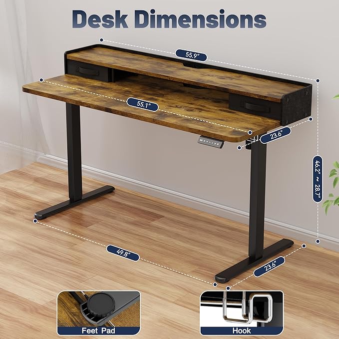 YESHOMY 55" x 23" Electric Standing Desk with 2 Drawers, Height Adjustable Computer Desk, Low Noise Home Office Stand Up Desk with 2 Preset Heights & 2 Hooks, Rustic Brown