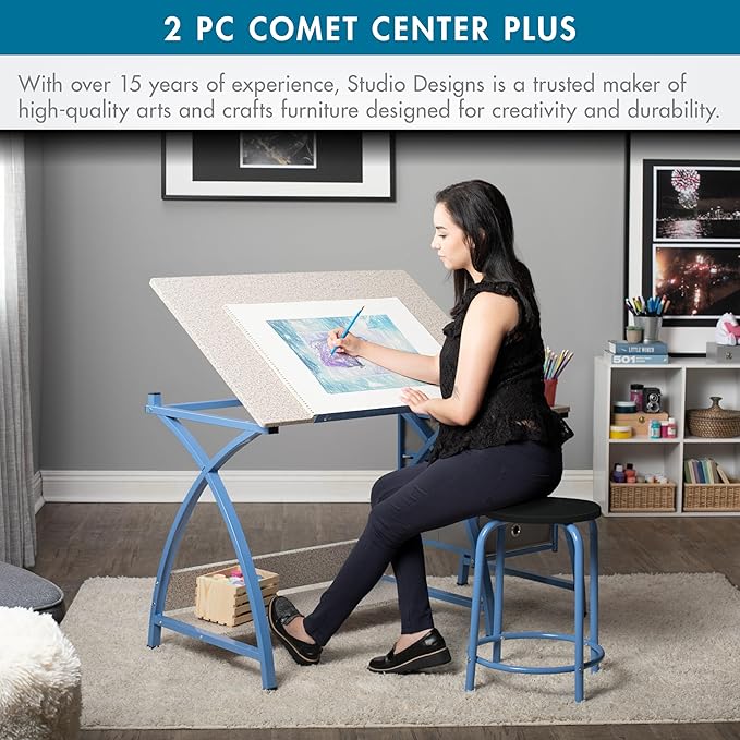SD Studio Designs Comet Center Plus, Craft Table and Matching Stool Set with Storage and Adjustable Top, Blue/Spatter Gray, 50x23.75x29.5 inches, 2 Piece